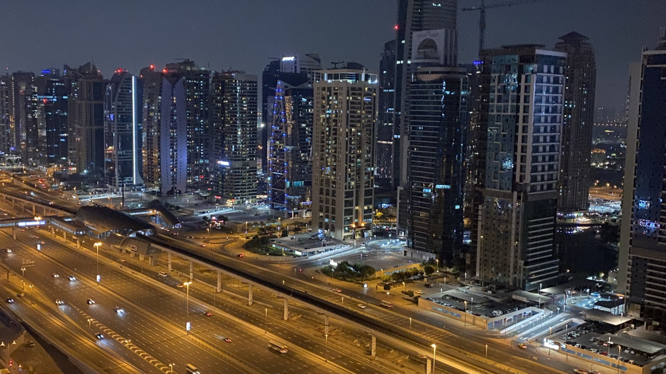 Dubai, Night, Road, City, Urban Area. Wallpaper in 1366x768 Resolution
