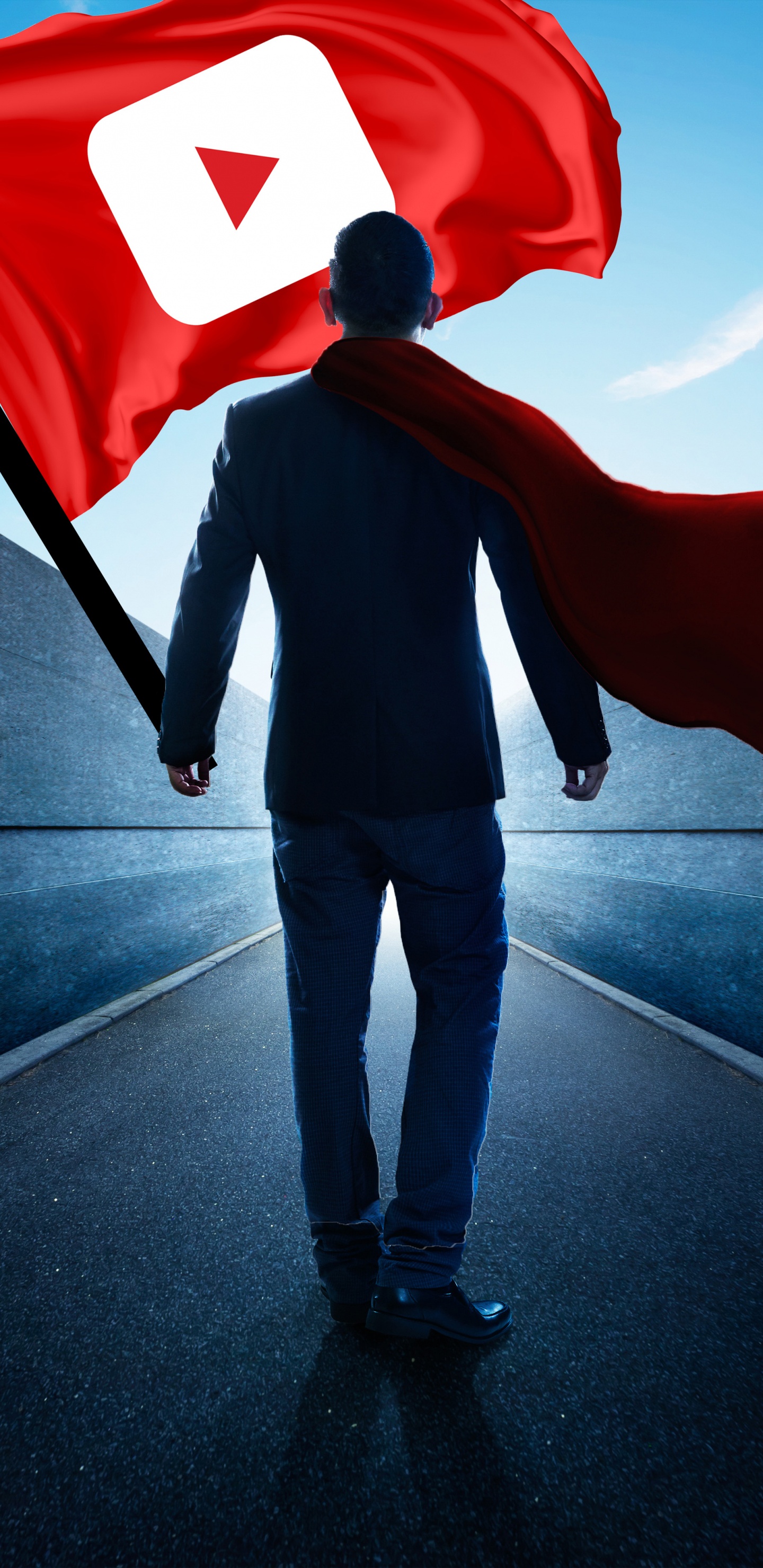 Man in Black Jacket and Pants Holding Red and Blue Flag. Wallpaper in 1440x2960 Resolution