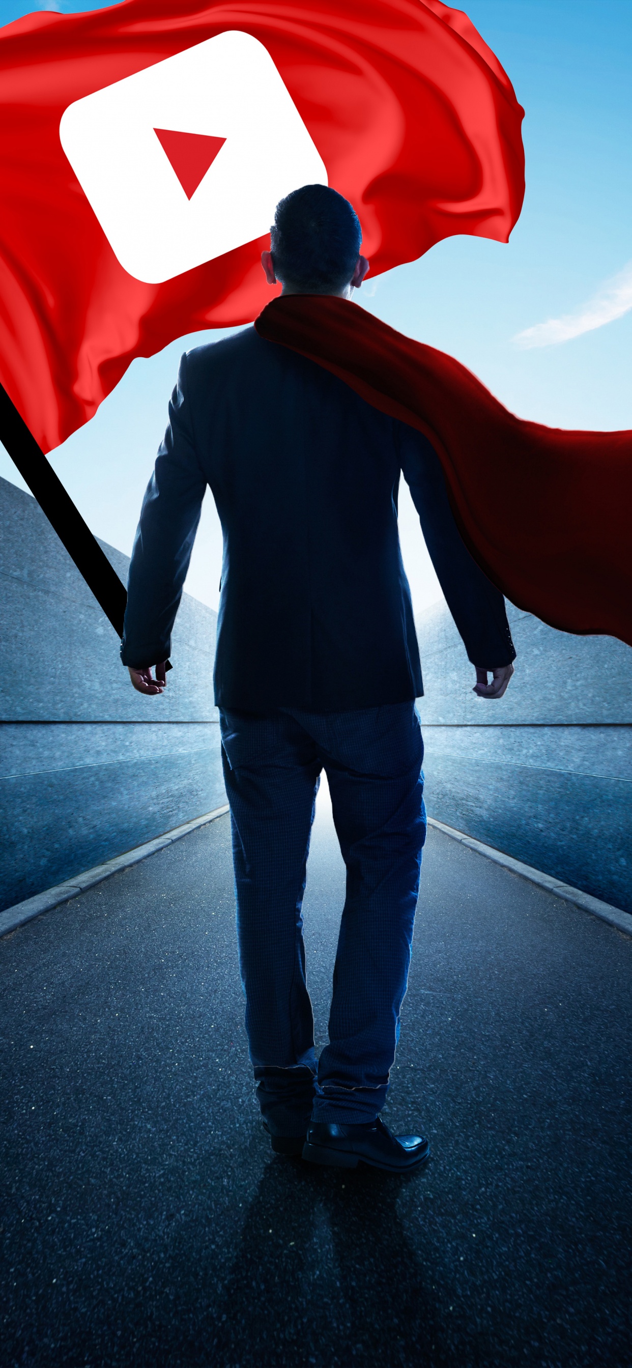 Hombre de Chaqueta y Pantalón Negro Con Bandera Roja y Azul. Wallpaper in 1242x2688 Resolution