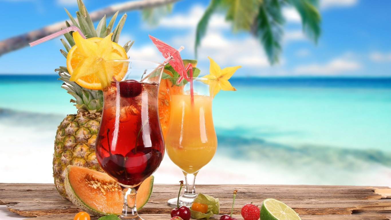 Clear Wine Glass With Red Liquid and Lemon on Beach During Daytime. Wallpaper in 1366x768 Resolution