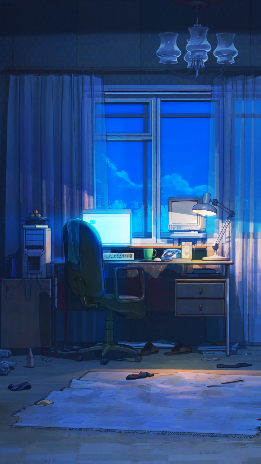 Hursty: young anime boy, solo, messy hair, cute, sitting, messy room,  books, natural light, cosy, beautiful composition, chill hop illustration,  chill hop art, lofi,