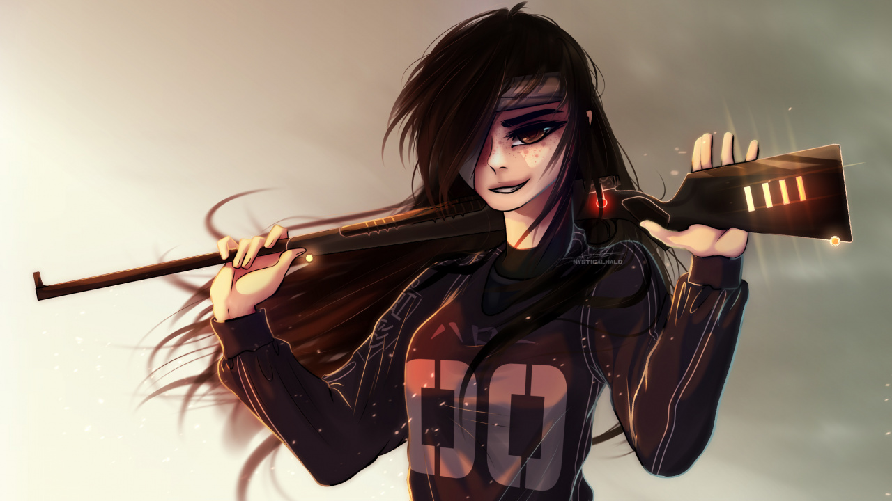 Woman in Black Leather Jacket Holding Black Rifle. Wallpaper in 1280x720 Resolution