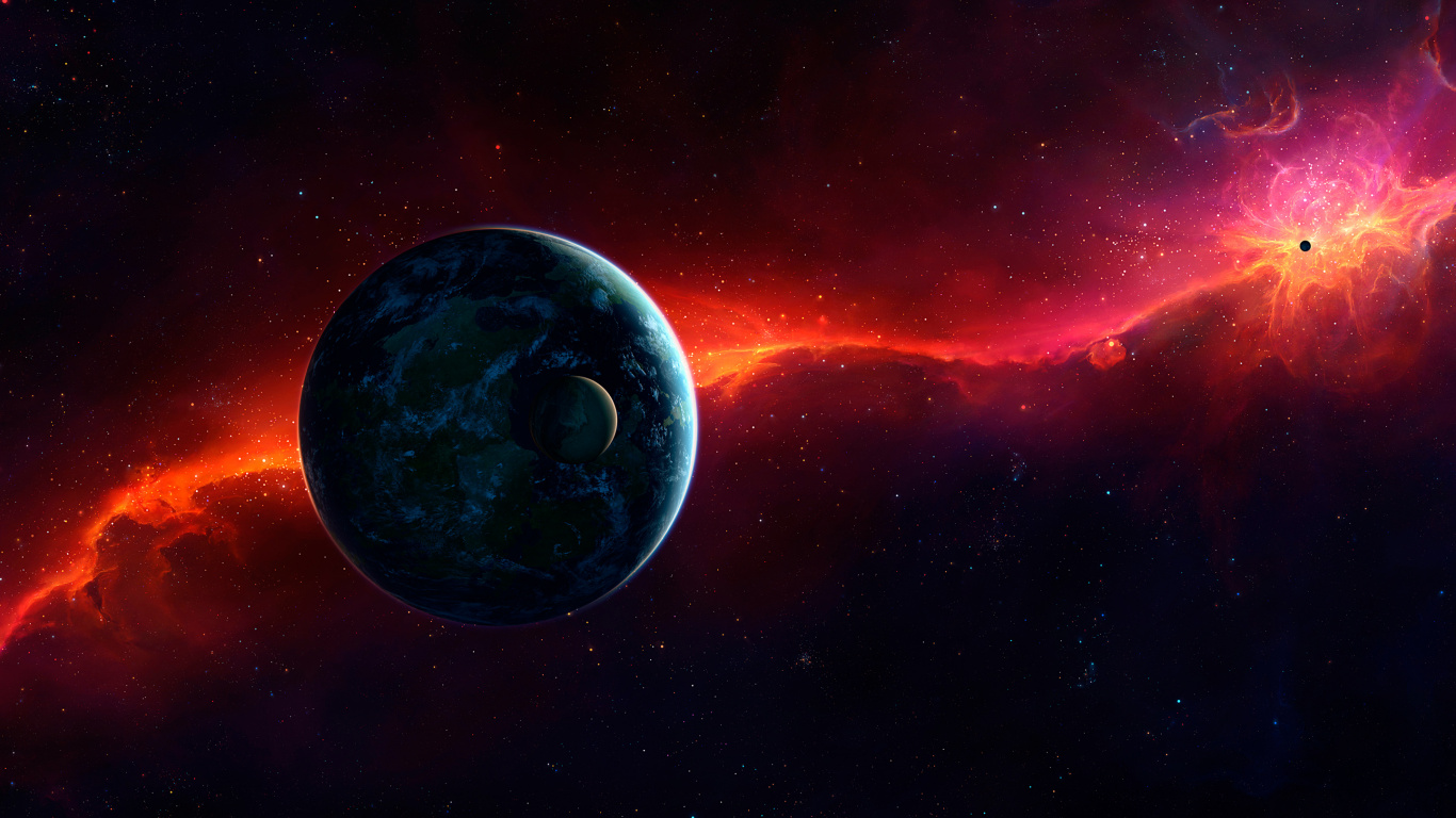Blue and Red Planet With Stars. Wallpaper in 1366x768 Resolution