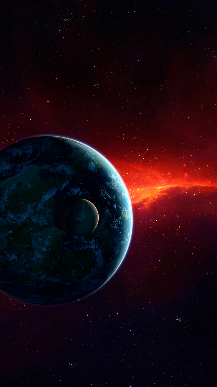 Blauer Und Roter Planet Mit Sternen. Wallpaper in 750x1334 Resolution