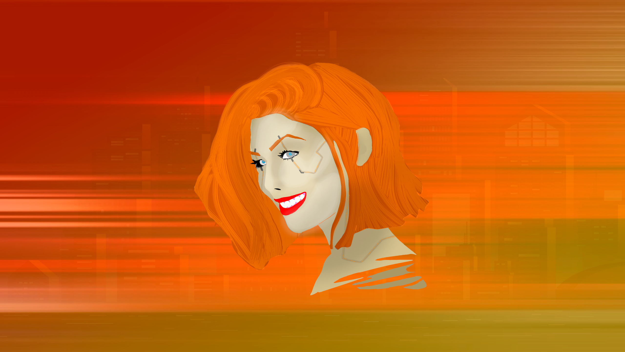 Cyberpunk 2077, Kunst, Art, Orange, Lächeln. Wallpaper in 2560x1440 Resolution