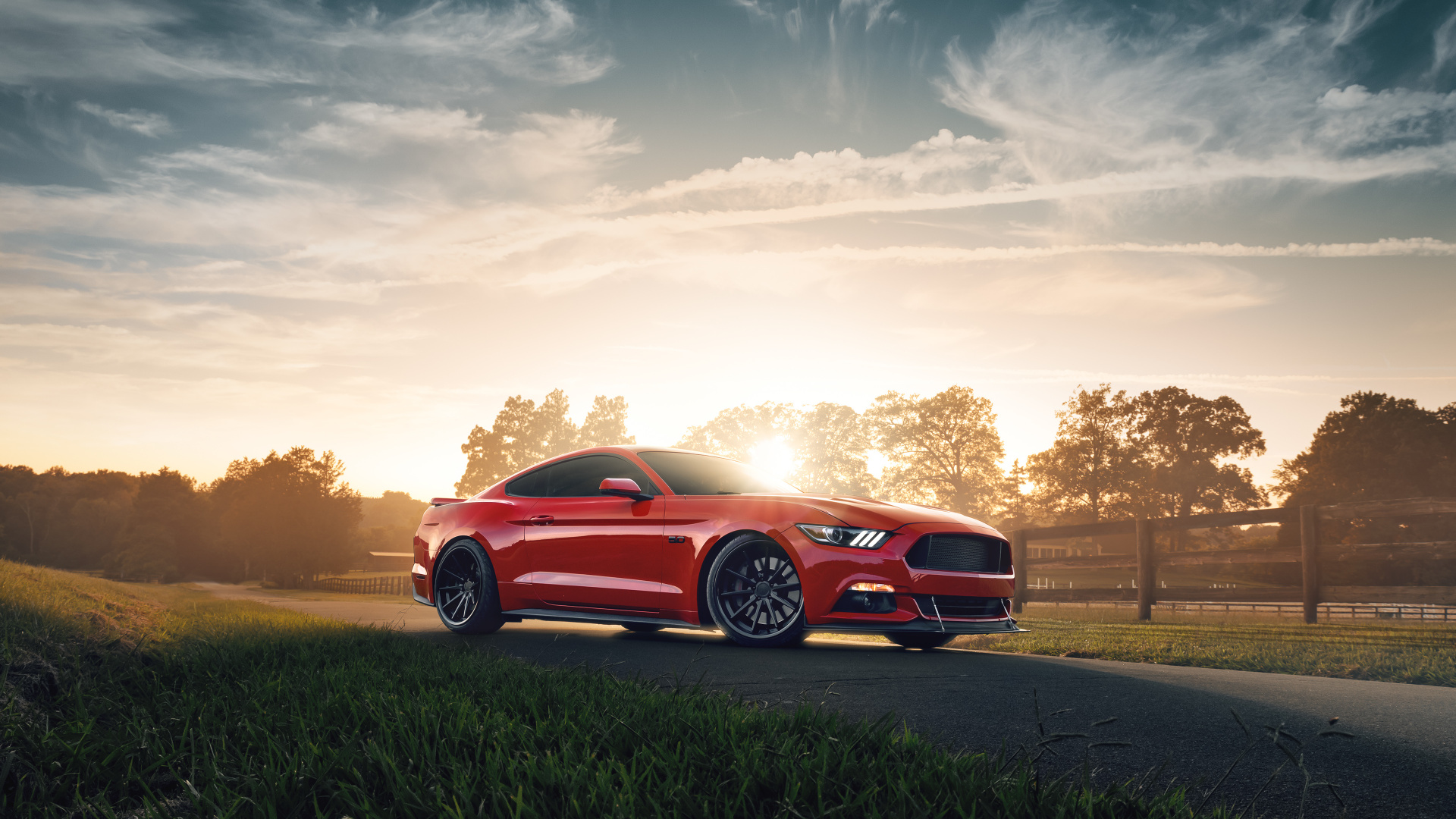 Red Coupe on Road During Sunset. Wallpaper in 1920x1080 Resolution