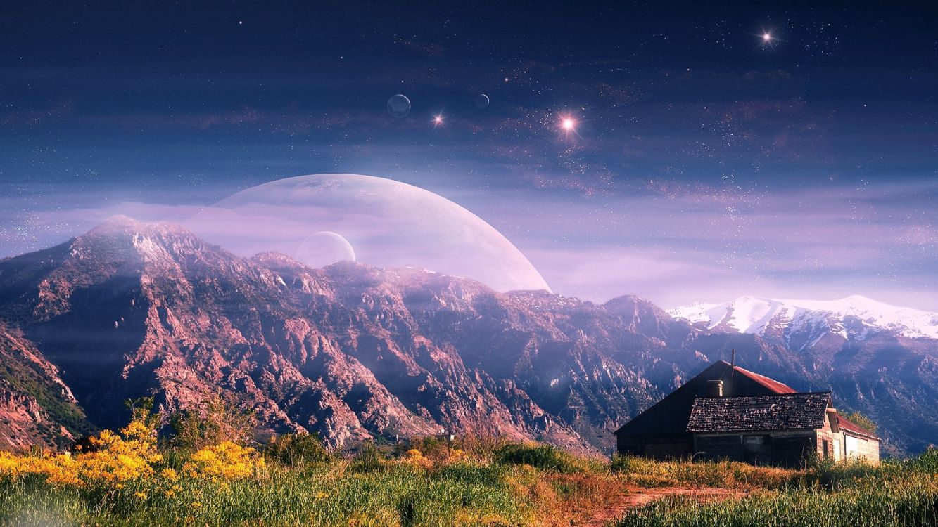 Casa de Madera Marrón en el Campo de Hierba Verde Bajo un Cielo Azul Con Luna. Wallpaper in 3840x2160 Resolution