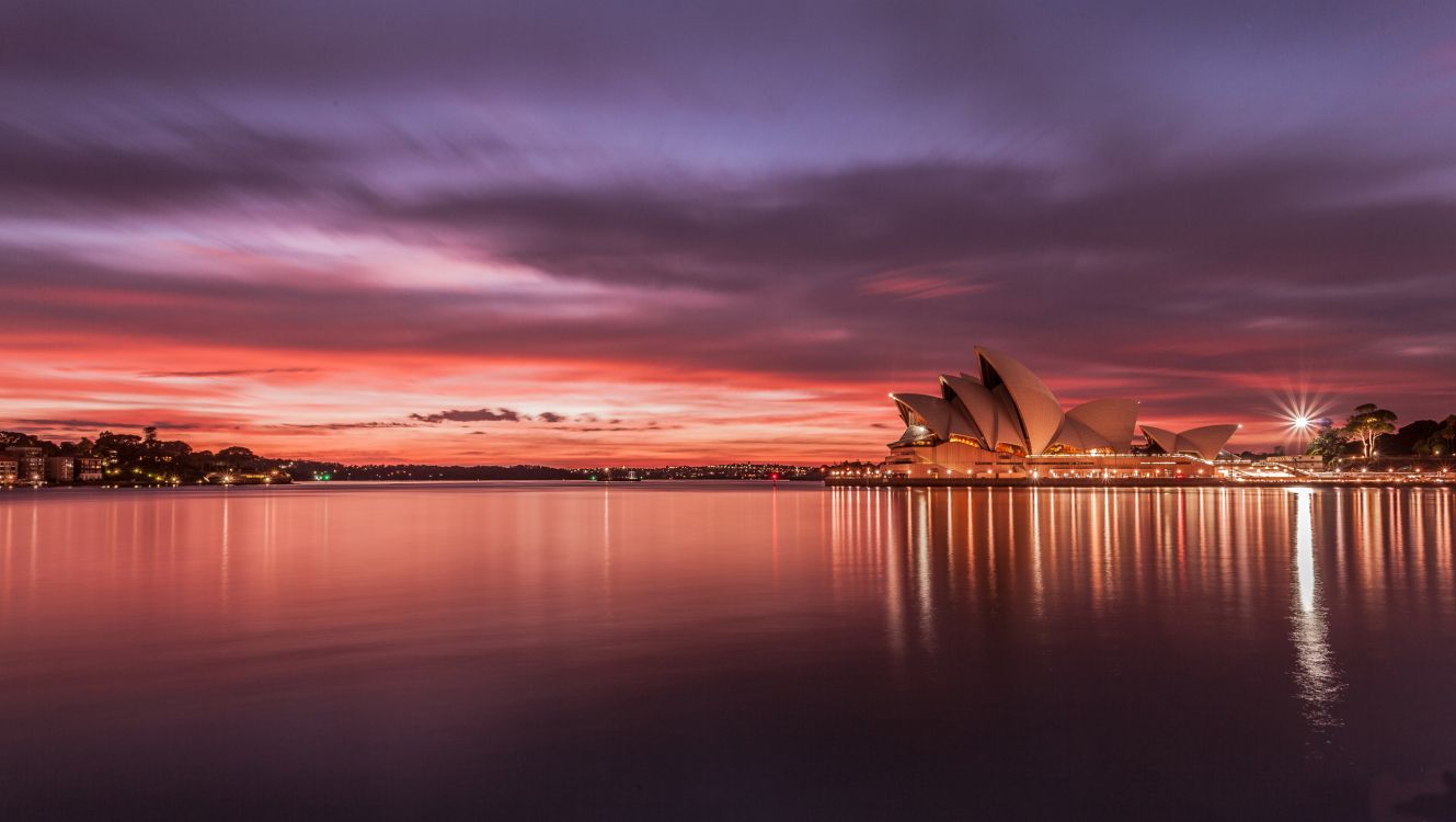 悉尼歌剧院, 反射, 地平线, 余辉, 日落 壁纸 2560x1444 允许
