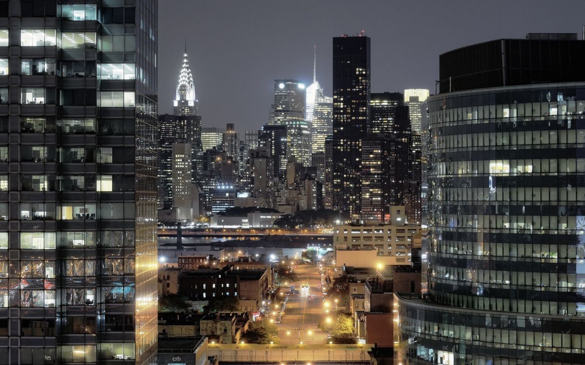 city skyline during night time