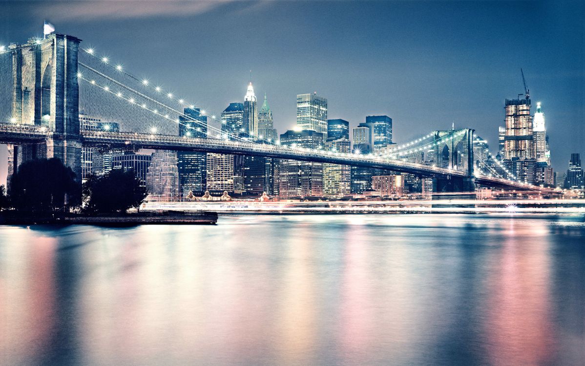 布鲁克林大桥, 城市景观, 城市, 反射, 天际线 壁纸 10000x6258 允许