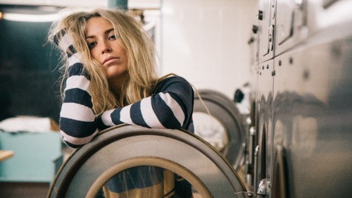 Image washing machine, laundry, blond, sitting, clothing