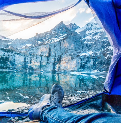 Image tent, camping, blue, water, glacial landform