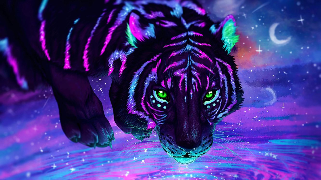 glowing tiger, tiger, felidae, painting, digital art