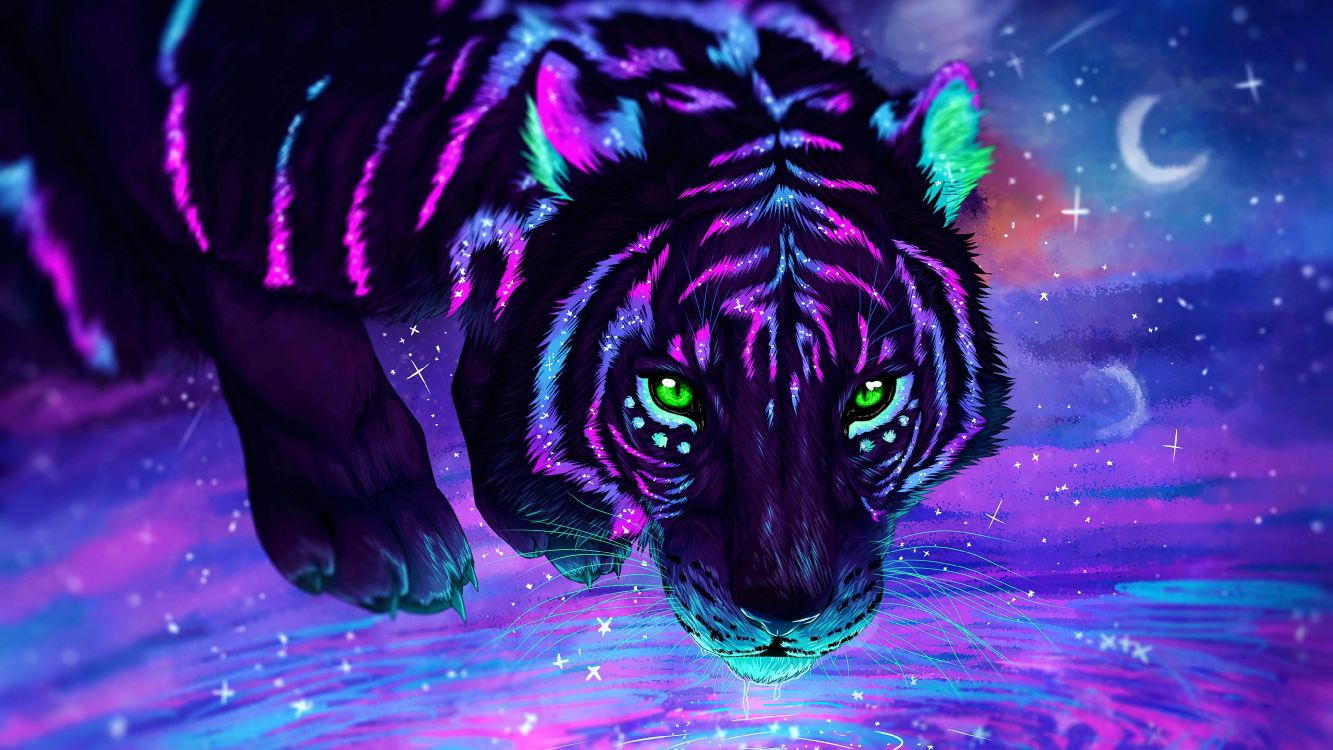 Leuchtender Tiger, Tiger, Felidae, Malerei, Digitale Kunst. Wallpaper in 4096x2304 Resolution