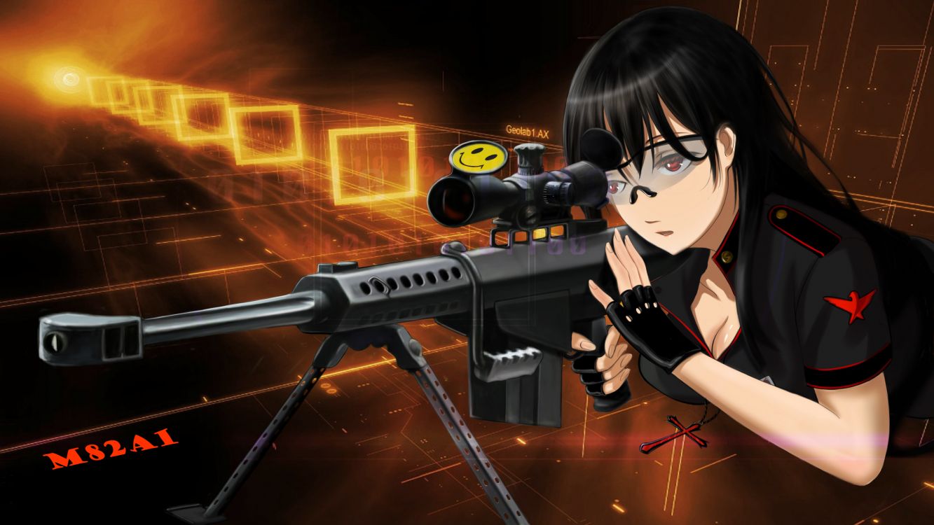 black haired female anime character holding rifle