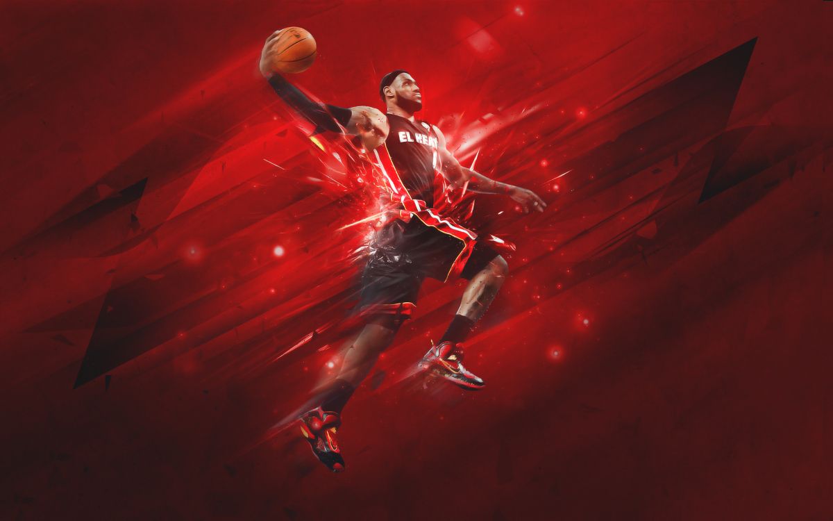 Mann in Rotem Jersey-Hemd Und Blauer Jeans Mit Basketball. Wallpaper in 2880x1800 Resolution