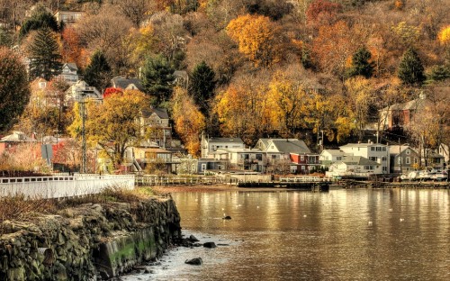 Image white and brown house near body of water during daytime