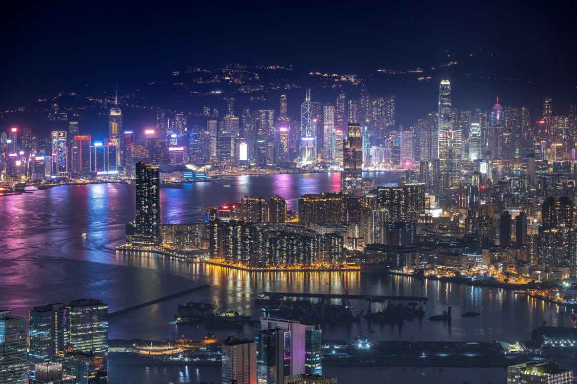 Hong Kong, building, skyscraper, water, purple