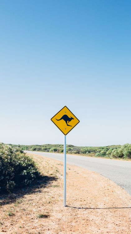 kangaroo sign, Traffic sign, road, plant, natural landscape