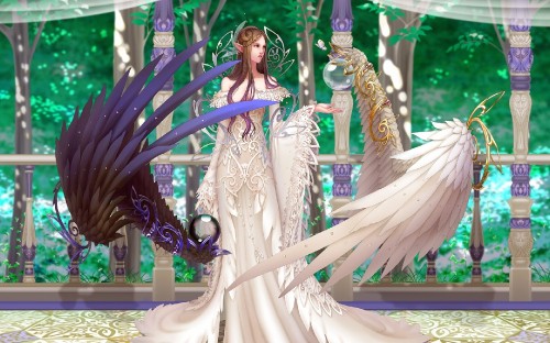 Image woman in blue and white dress holding white wings figurine