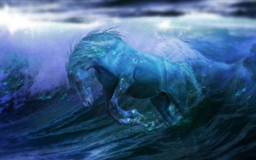 Image blue and white horse running on water