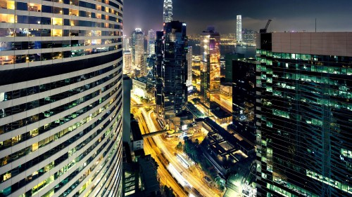 Image aerial view of city buildings during night time