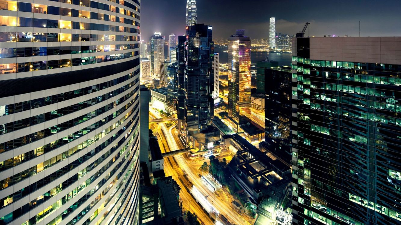 aerial view of city buildings during night time