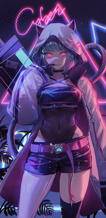 Image cyber neko, anime art, animated cartoon, cartoon, purple