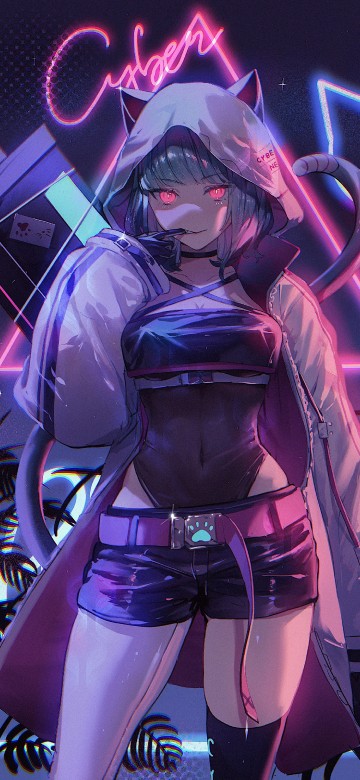 Image cyber neko, anime art, animated cartoon, cartoon, purple