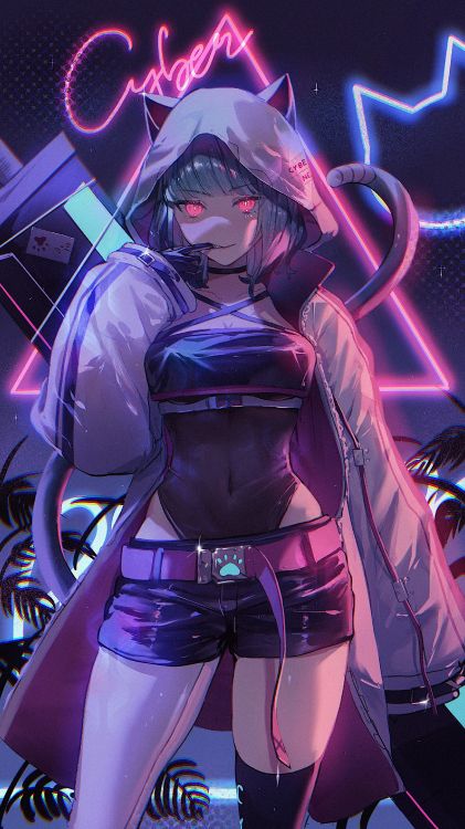 Cyber-Neko, Anime-Kunst, Zeichentrickfilm, Cartoon, Purpur. Wallpaper in 2160x3840 Resolution