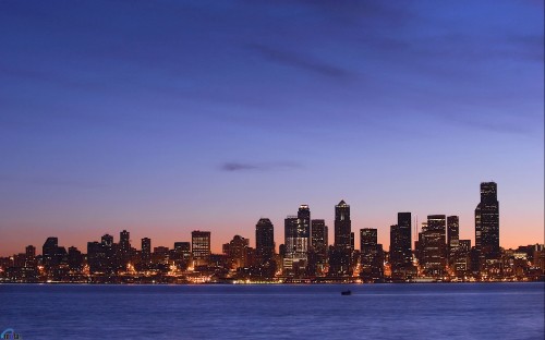 Image city skyline across body of water during night time