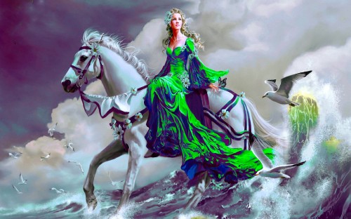 Image woman in green dress riding white horse