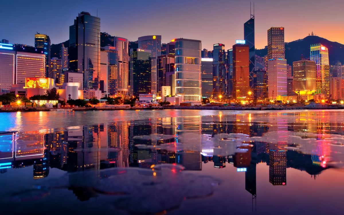 city skyline during night time