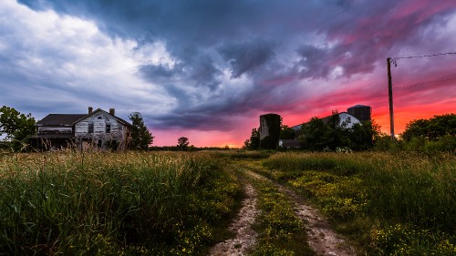 Image green grass field near house during sunset