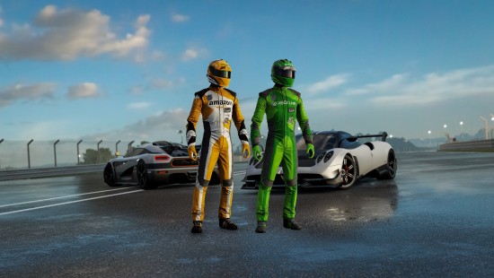 Image 2 men in green and yellow helmet and helmet standing beside white sports car during daytime