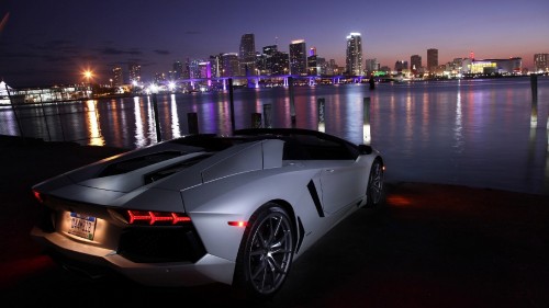 Image white lamborghini aventador parked near body of water during night time