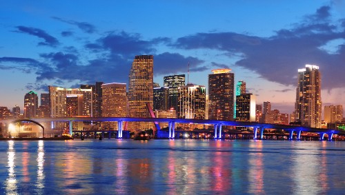 Image city skyline across body of water during night time