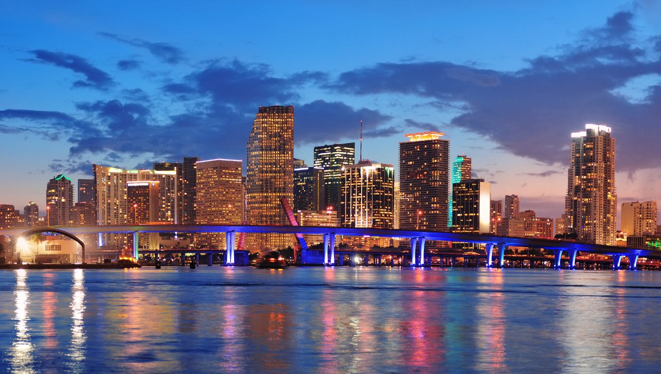 city skyline across body of water during night time