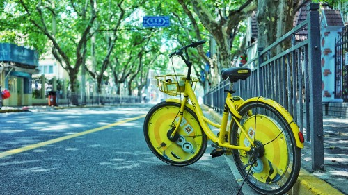 Image yellow bicycle on gray asphalt road during daytime