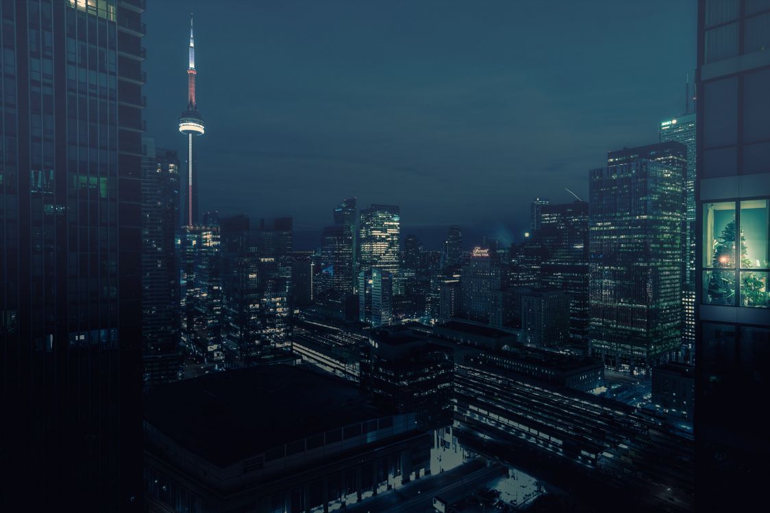 city skyline during night time