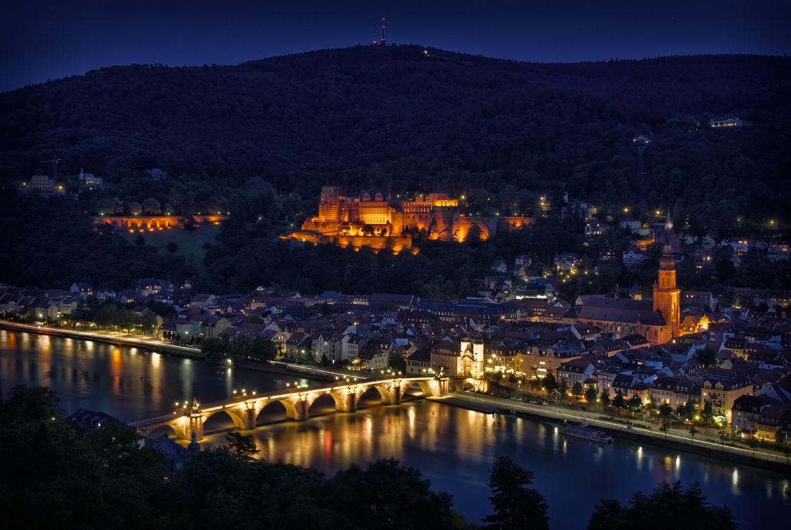 aerial view of city during night time