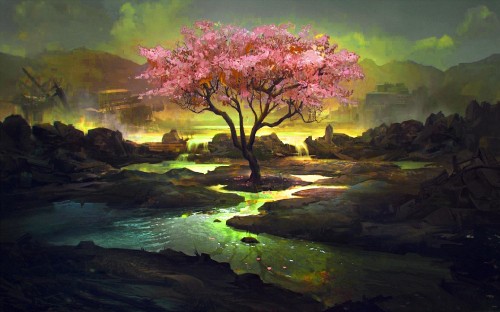 Image pink and green trees beside river painting