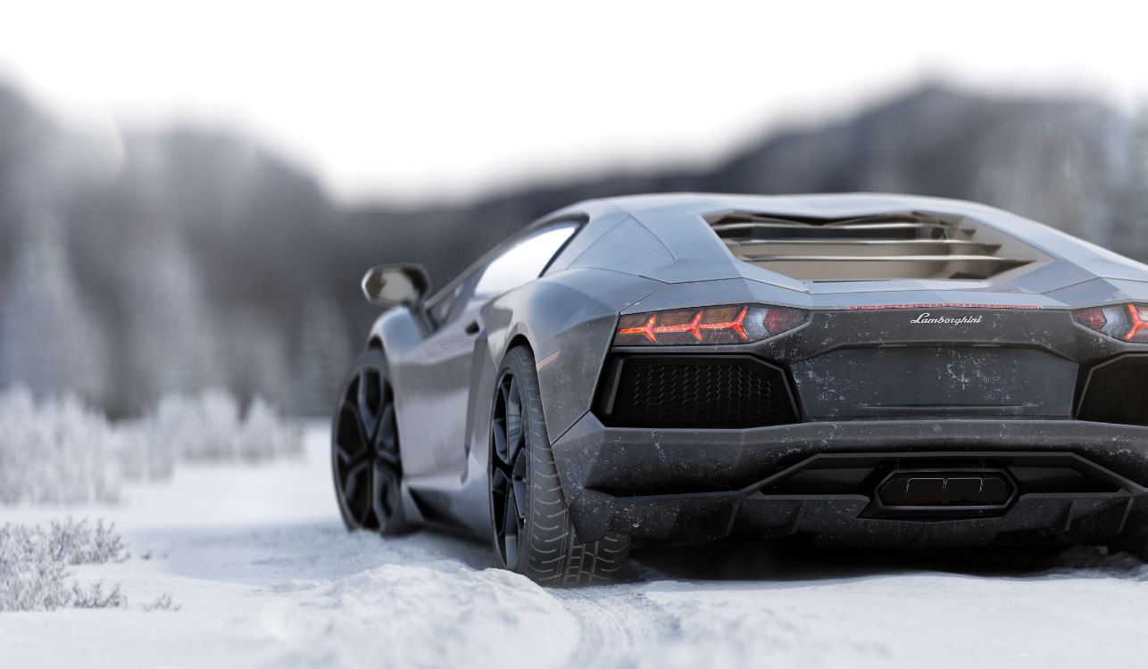 Lamborghini Aventador Negro Sobre Suelo Cubierto de Nieve. Wallpaper in 5000x2916 Resolution