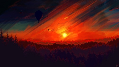 Image silhouette of hot air balloon during sunset