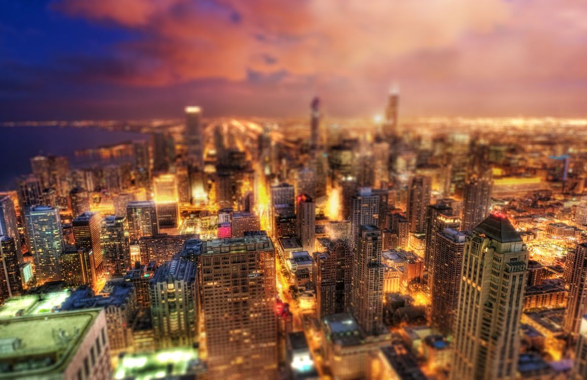 aerial view of city buildings during night time