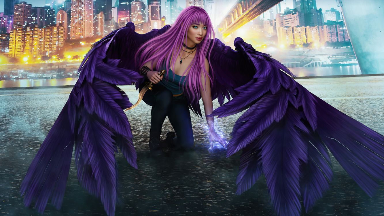 数码艺术, 艺术, 外套, 发型, 紫色的 壁纸 5120x2880 允许