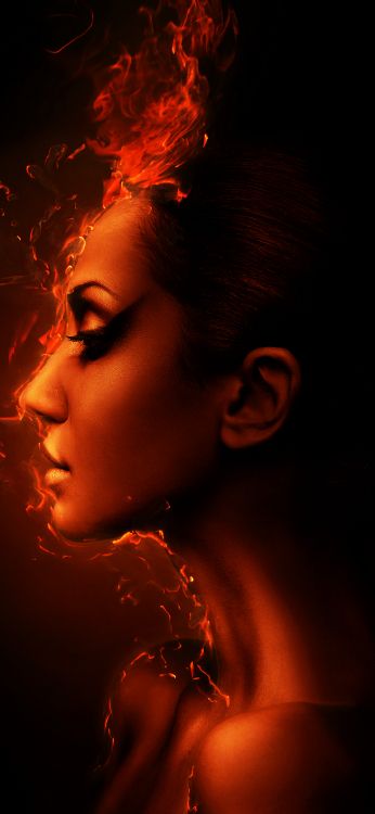 Brennendes Mädchen, Portrait, Feuerzeug, Stirn, Nase. Wallpaper in 1080x2340 Resolution