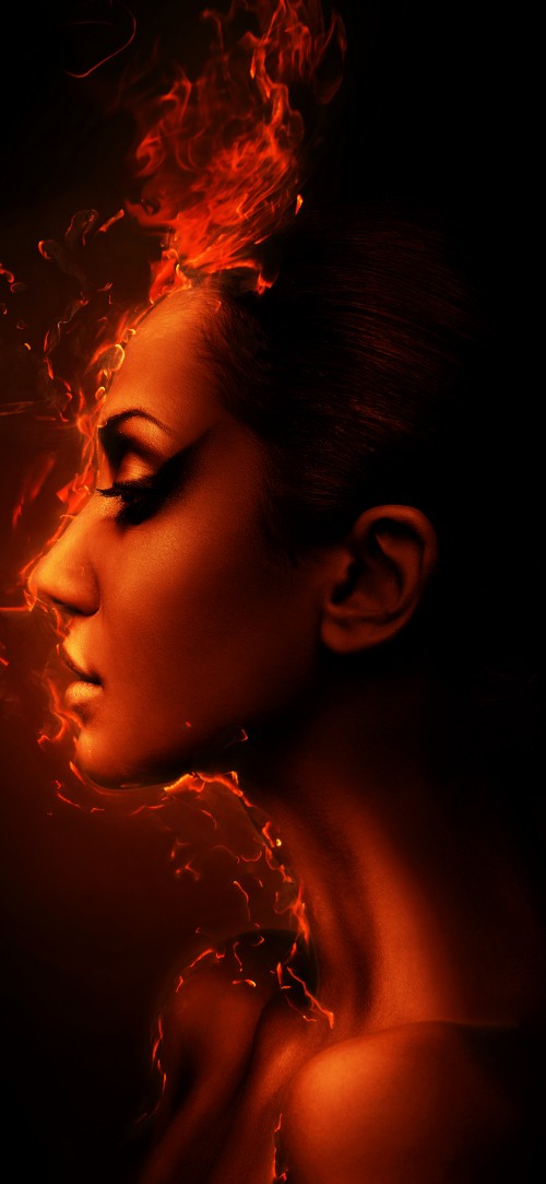 Image burning girl, portrait, Lighter, forehead, nose