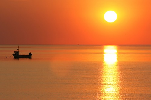 Image silhouette of person riding boat on sea during sunset