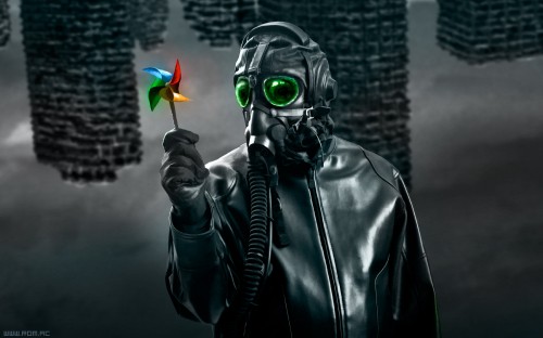 Image person in black leather jacket wearing green mask holding yellow and orange flower